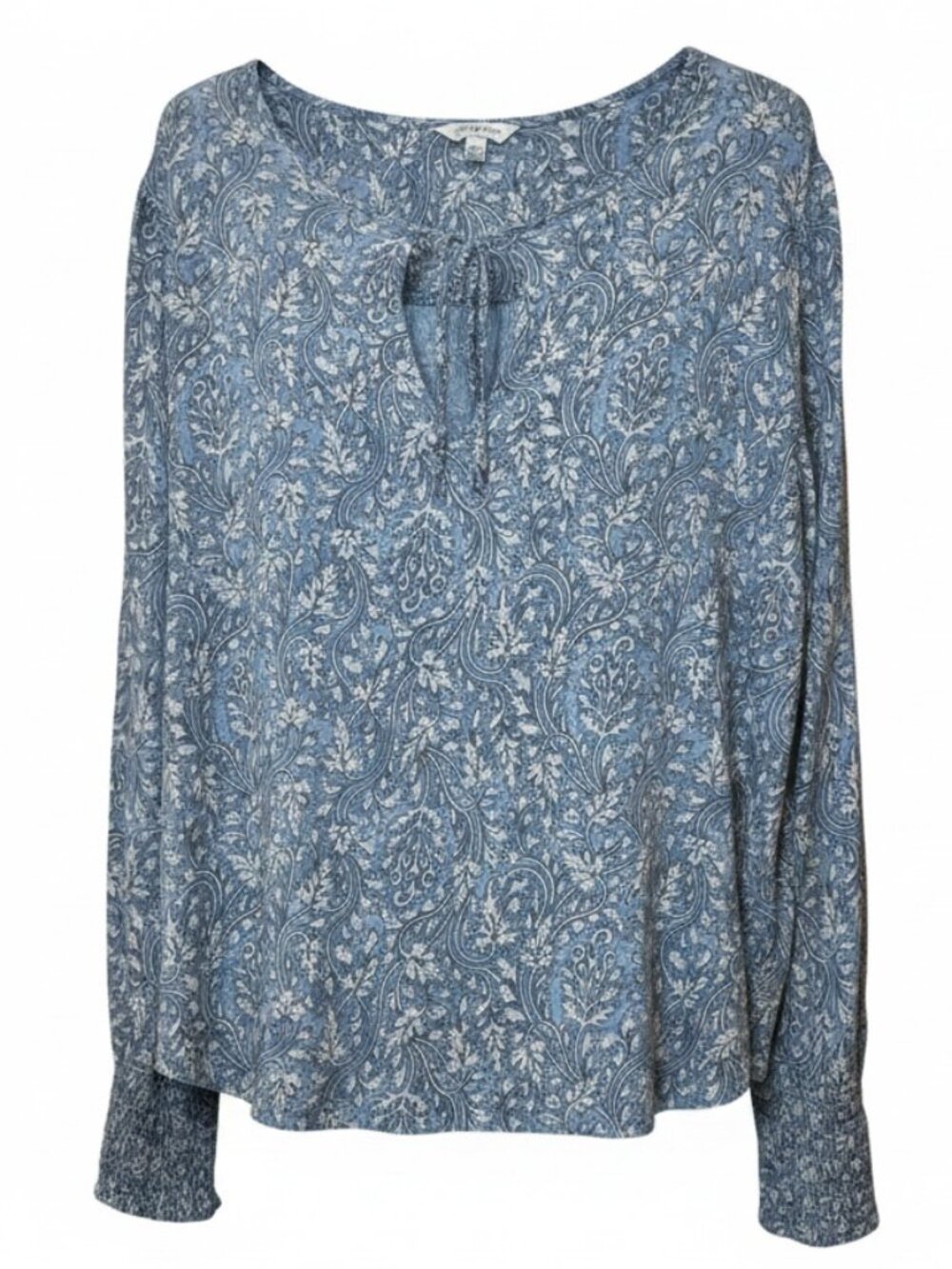 Lucky Brand Women's Size Large Keyhold Peasant Top Floral Boho Smocked Cuff Blue